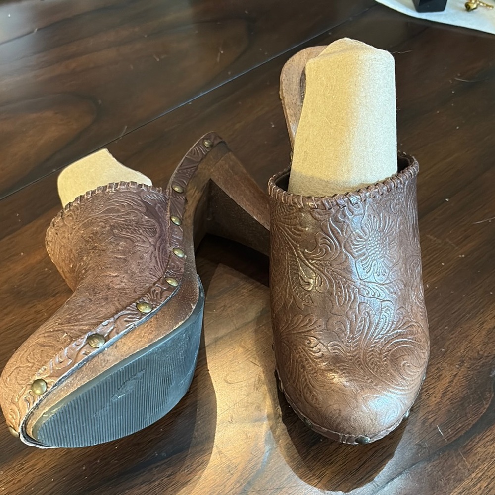Bohemian Embossed Leather Studded Wood Heeled Heel Mules Clogs